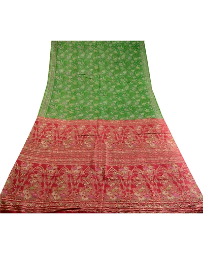 Sanskriti Vintage Sarees Green Printed Pure Silk Sari Floral 5Yd Craft Fabric, PR-63013-Green-Pure Silk-8