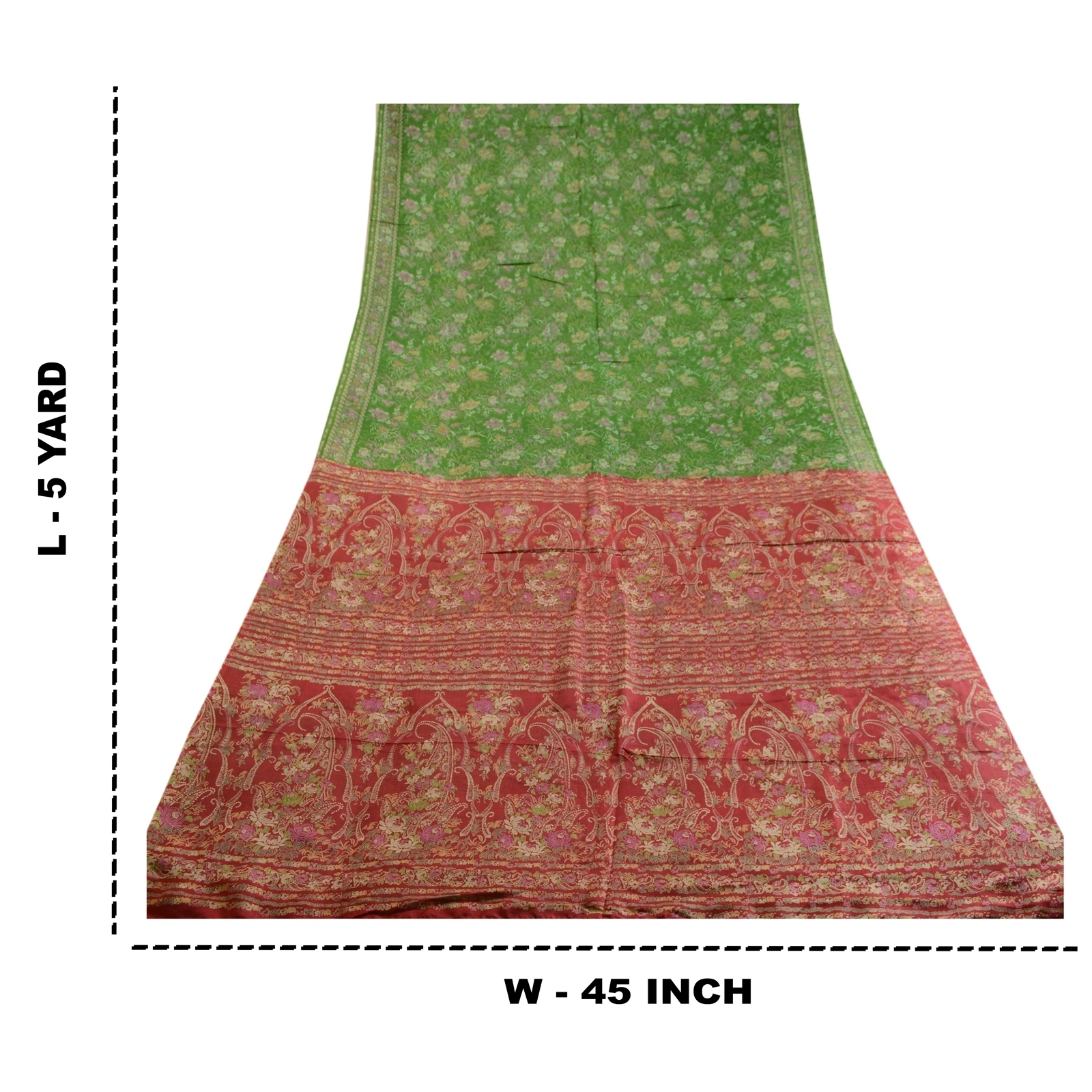 Sanskriti Vintage Sarees Green Printed Pure Silk Sari Floral 5Yd Craft Fabric, PR-63013-Green-Pure Silk-9