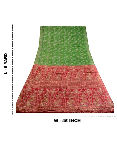 Sanskriti Vintage Sarees Green Printed Pure Silk Sari Floral 5Yd Craft Fabric, PR-63013-Green-Pure Silk-9