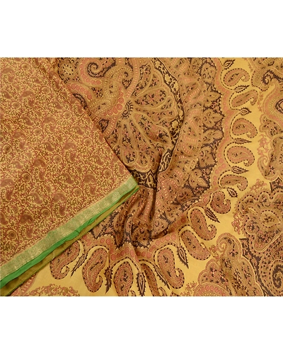 Sanskriti Vintage Sarees Green Indian Pure Silk Printed Sari Floral Craft Fabric, PR-63147-Green-Pure Silk-2
