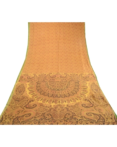 Sanskriti Vintage Sarees Green Indian Pure Silk Printed Sari Floral Craft Fabric, PR-63147-Green-Pure Silk-7