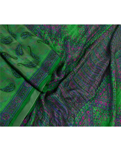 Sanskriti Vintage Sarees Indian Green Pure Silk Printed Sari Floral Craft Fabric, PR-63153-Green-Pure Silk-1