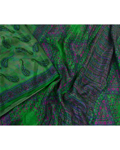 Sanskriti Vintage Sarees Indian Green Pure Silk Printed Sari Floral Craft Fabric, PR-63153-Green-Pure Silk-2