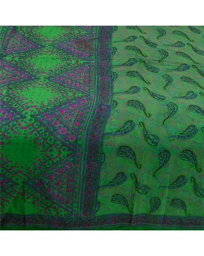 Sanskriti Vintage Sarees Indian Green Pure Silk Printed Sari Floral Craft Fabric, PR-63153-Green-Pure Silk-3