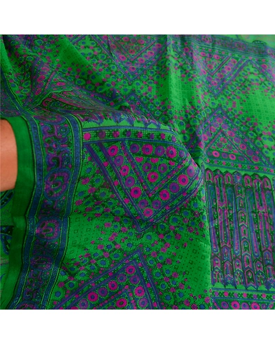Sanskriti Vintage Sarees Indian Green Pure Silk Printed Sari Floral Craft Fabric, PR-63153-Green-Pure Silk-5