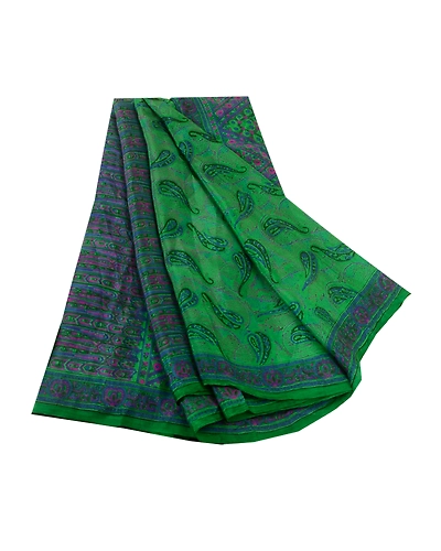 Sanskriti Vintage Sarees Indian Green Pure Silk Printed Sari Floral Craft Fabric, PR-63153-Green-Pure Silk-6