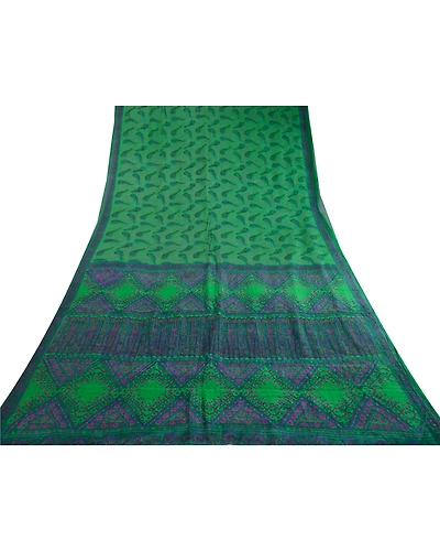 Sanskriti Vintage Sarees Indian Green Pure Silk Printed Sari Floral Craft Fabric, PR-63153-Green-Pure Silk-7