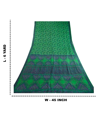 Sanskriti Vintage Sarees Indian Green Pure Silk Printed Sari Floral Craft Fabric, PR-63153-Green-Pure Silk-8