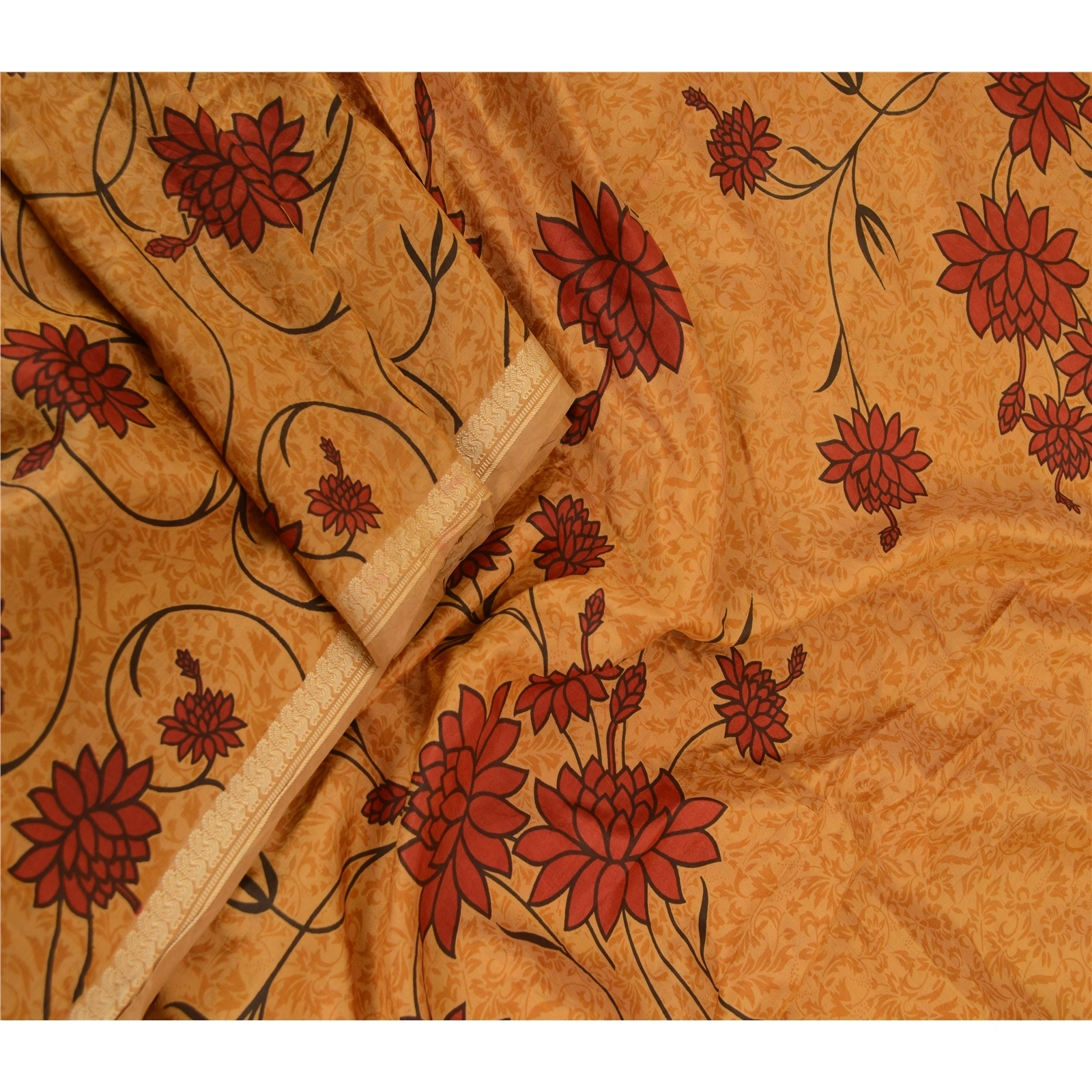 Sanskriti Vintage Sarees Salted Caramel Pure Silk Printed Sari Soft Craft Fabric, PR-63154-Salted Caramel-Pure Silk-1