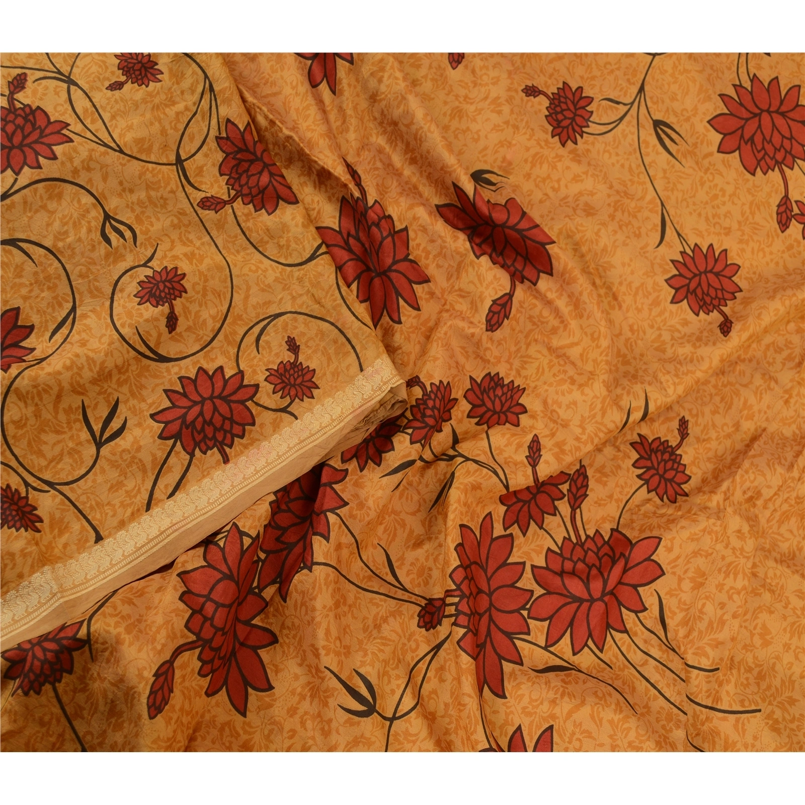 Sanskriti Vintage Sarees Salted Caramel Pure Silk Printed Sari Soft Craft Fabric, PR-63154-Salted Caramel-Pure Silk-2