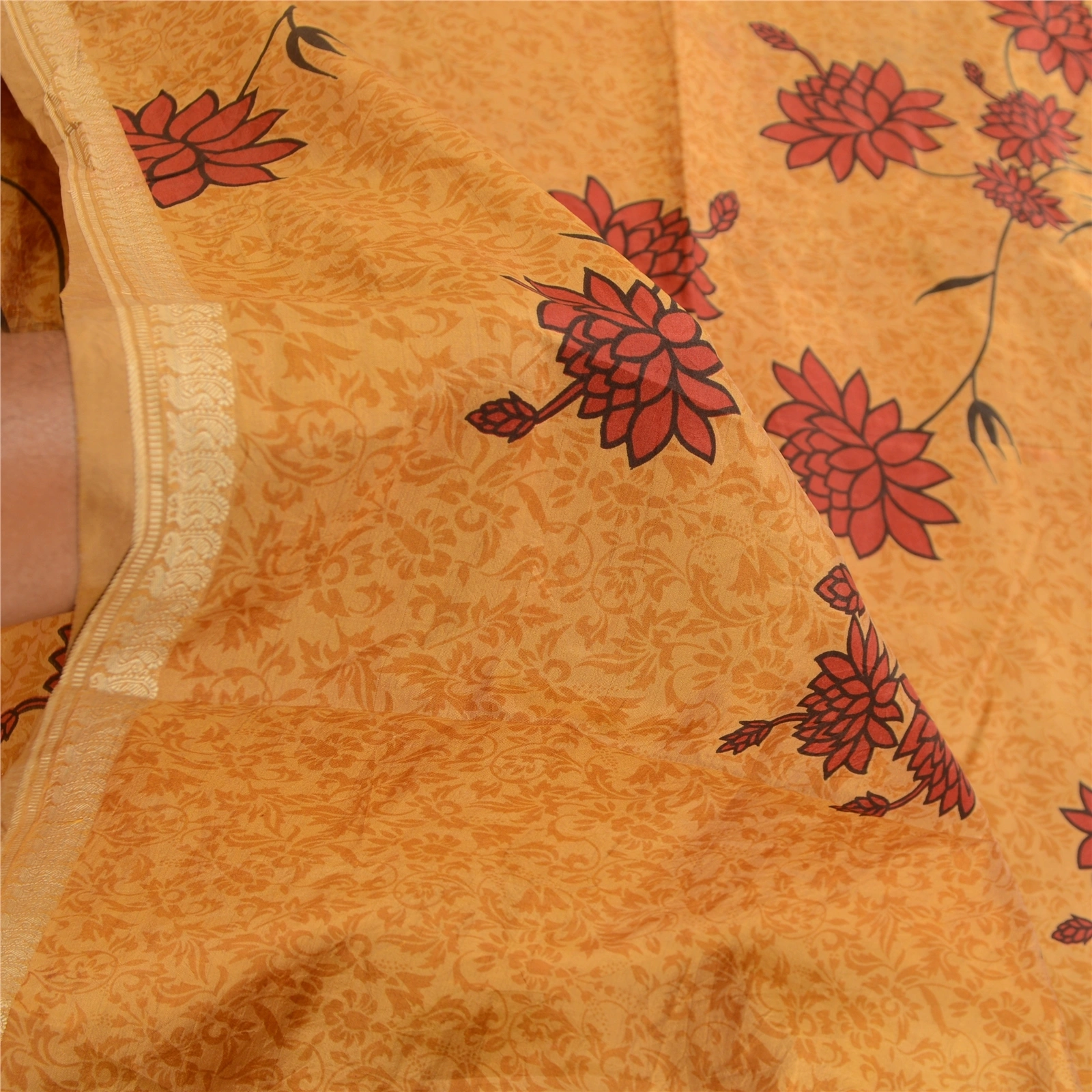 Sanskriti Vintage Sarees Salted Caramel Pure Silk Printed Sari Soft Craft Fabric, PR-63154-Salted Caramel-Pure Silk-5