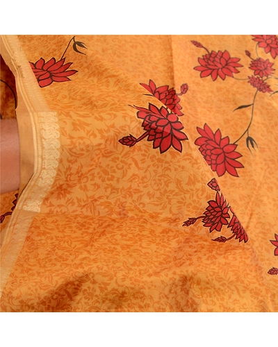Sanskriti Vintage Sarees Salted Caramel Pure Silk Printed Sari Soft Craft Fabric, PR-63154-Salted Caramel-Pure Silk-5
