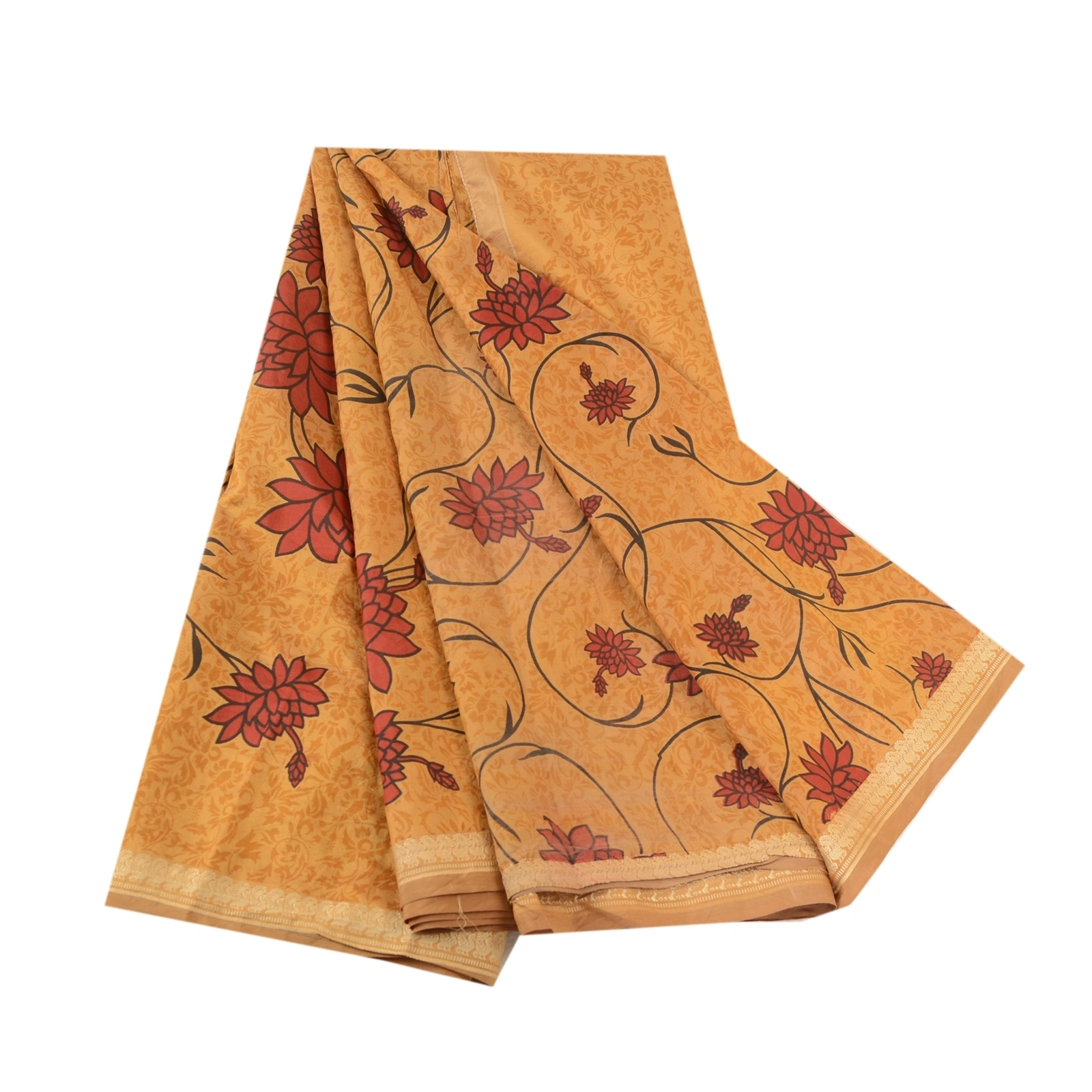 Sanskriti Vintage Sarees Salted Caramel Pure Silk Printed Sari Soft Craft Fabric, PR-63154-Salted Caramel-Pure Silk-6