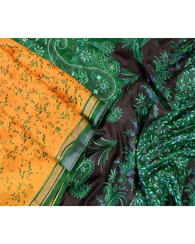 Sanskriti Vintage Sarees Yellow Zari Border Pure Silk Printed Sari Craft Fabric, PR-63163-Yellow-Pure Silk-1