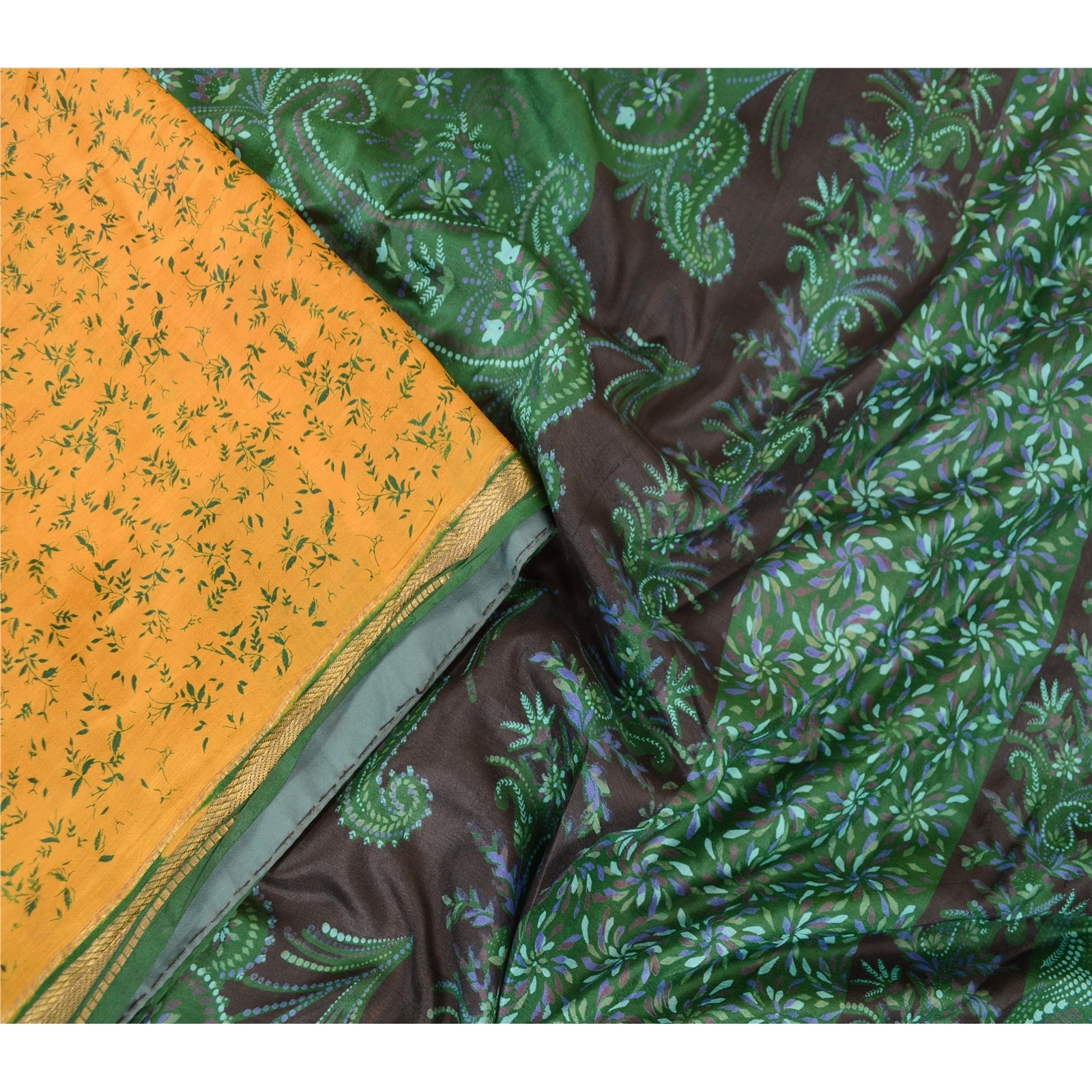 Sanskriti Vintage Sarees Yellow Zari Border Pure Silk Printed Sari Craft Fabric, PR-63163-Yellow-Pure Silk-2