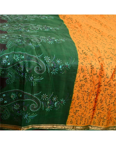 Sanskriti Vintage Sarees Yellow Zari Border Pure Silk Printed Sari Craft Fabric, PR-63163-Yellow-Pure Silk-3