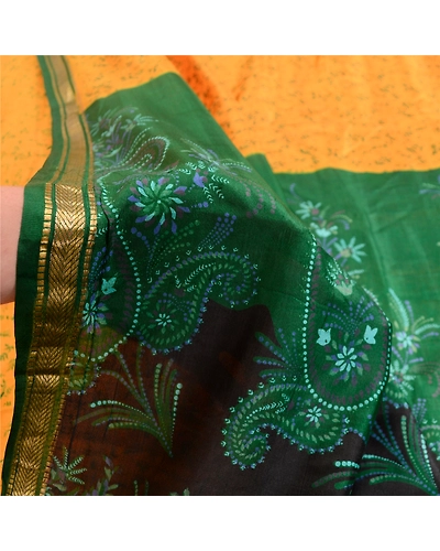Sanskriti Vintage Sarees Yellow Zari Border Pure Silk Printed Sari Craft Fabric, PR-63163-Yellow-Pure Silk-5