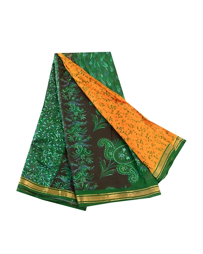 Sanskriti Vintage Sarees Yellow Zari Border Pure Silk Printed Sari Craft Fabric, PR-63163-Yellow-Pure Silk-6
