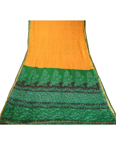 Sanskriti Vintage Sarees Yellow Zari Border Pure Silk Printed Sari Craft Fabric, PR-63163-Yellow-Pure Silk-7