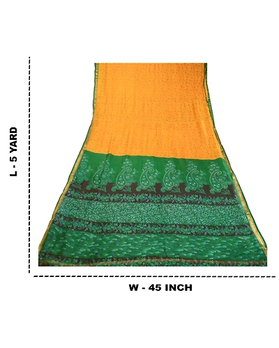 Sanskriti Vintage Sarees Yellow Zari Border Pure Silk Printed Sari Craft Fabric, PR-63163-Yellow-Pure Silk-8