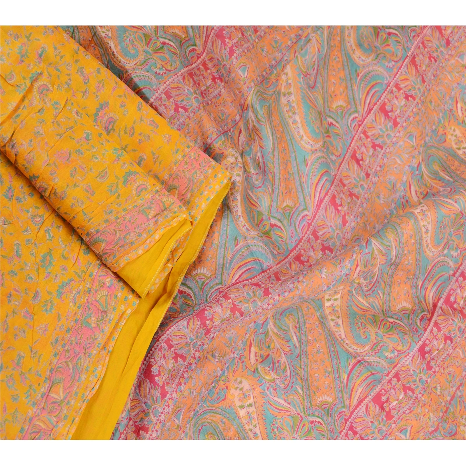 Sanskriti Vintage Sarees Yellow Pure Silk Printed Sari 5Yd Floral Craft Fabric, PR-63171-Yellow-Pure Silk-1