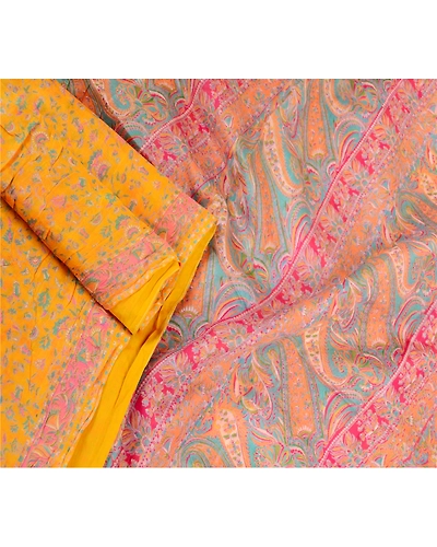 Sanskriti Vintage Sarees Yellow Pure Silk Printed Sari 5Yd Floral Craft Fabric, PR-63171-Yellow-Pure Silk-1