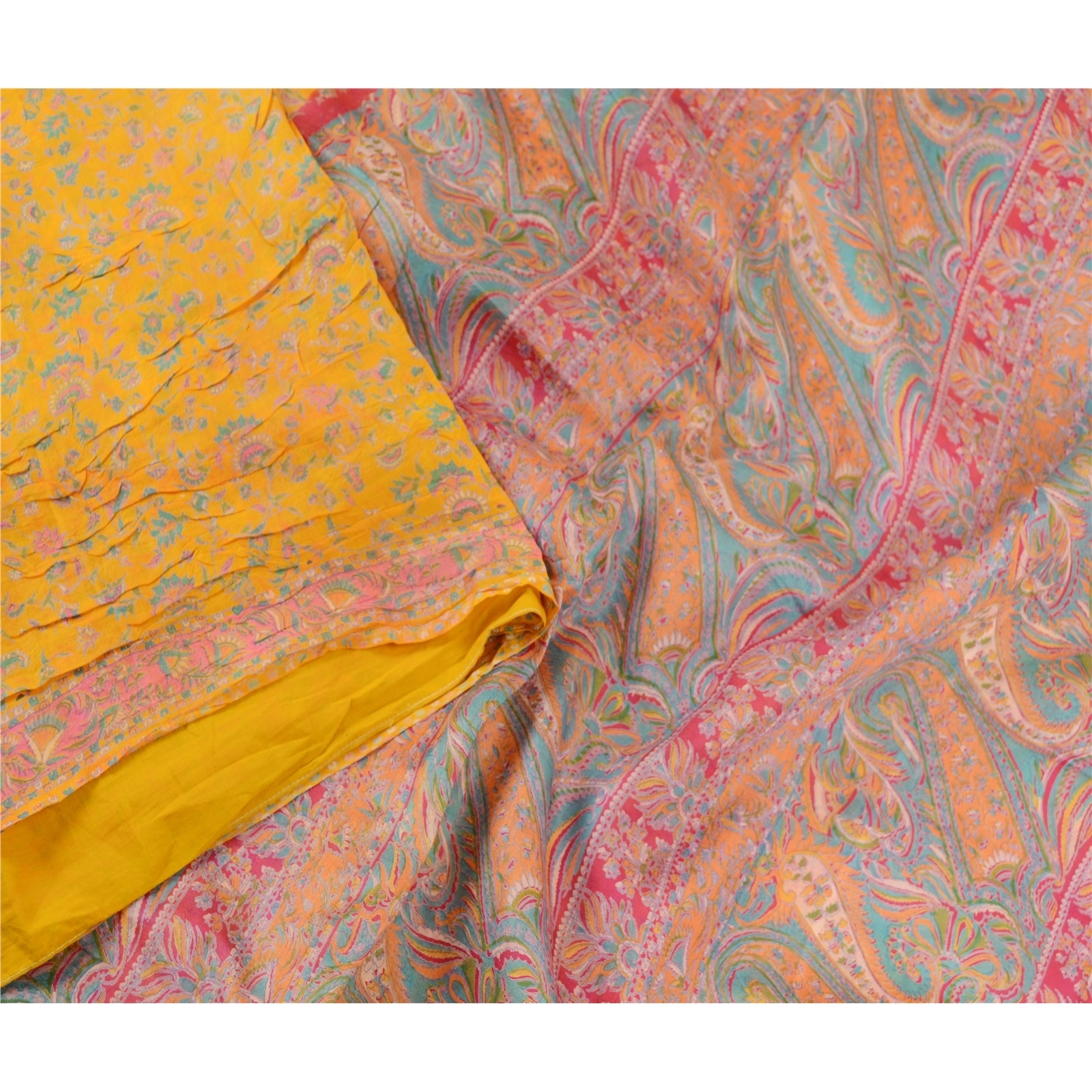 Sanskriti Vintage Sarees Yellow Pure Silk Printed Sari 5Yd Floral Craft Fabric, PR-63171-Yellow-Pure Silk-2