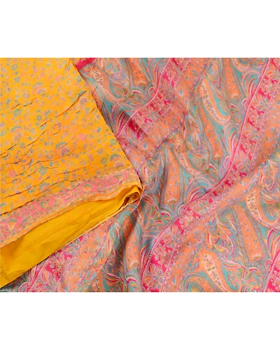 Sanskriti Vintage Sarees Yellow Pure Silk Printed Sari 5Yd Floral Craft Fabric, PR-63171-Yellow-Pure Silk-2