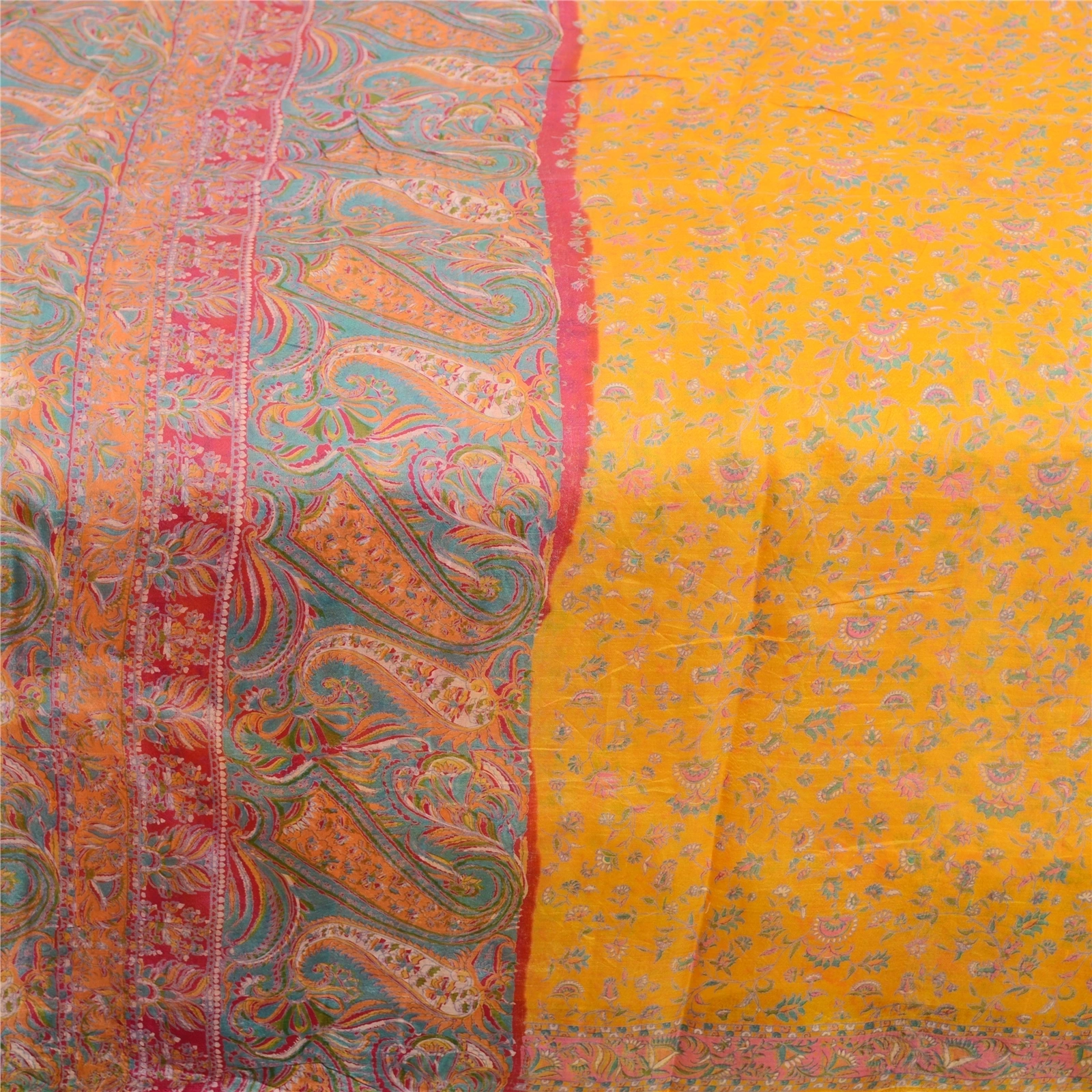 Sanskriti Vintage Sarees Yellow Pure Silk Printed Sari 5Yd Floral Craft Fabric, PR-63171-Yellow-Pure Silk-3