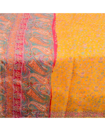 Sanskriti Vintage Sarees Yellow Pure Silk Printed Sari 5Yd Floral Craft Fabric, PR-63171-Yellow-Pure Silk-3