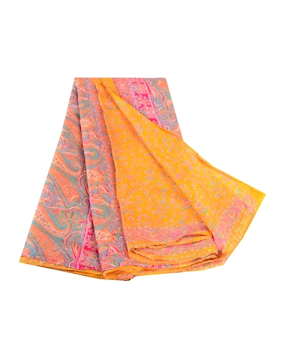 Sanskriti Vintage Sarees Yellow Pure Silk Printed Sari 5Yd Floral Craft Fabric, PR-63171-Yellow-Pure Silk-6