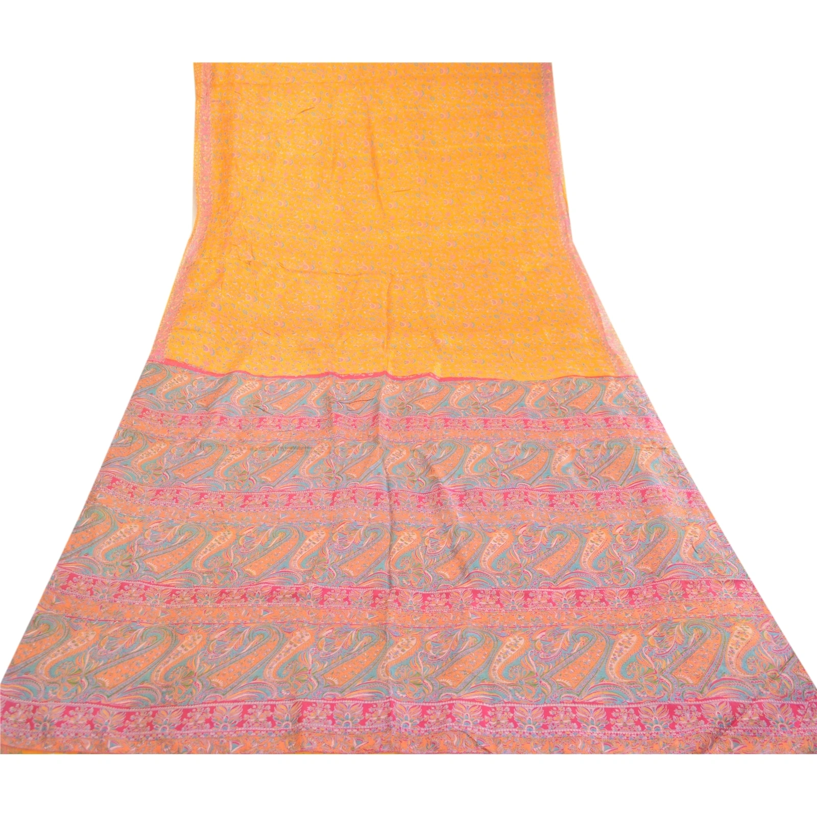 Sanskriti Vintage Sarees Yellow Pure Silk Printed Sari 5Yd Floral Craft Fabric, PR-63171-Yellow-Pure Silk-7