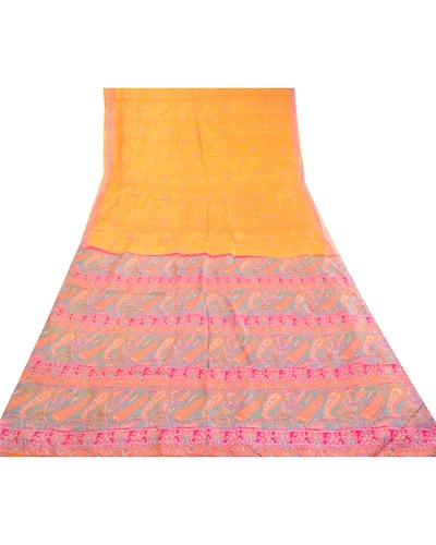 Sanskriti Vintage Sarees Yellow Pure Silk Printed Sari 5Yd Floral Craft Fabric, PR-63171-Yellow-Pure Silk-7