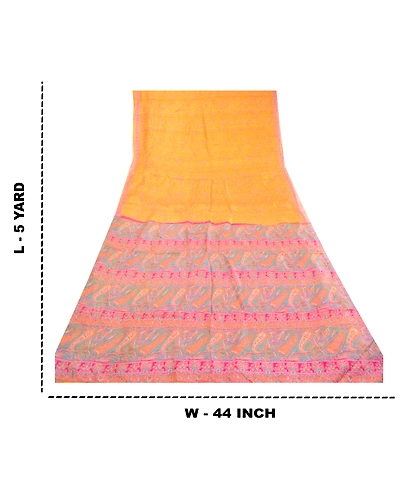 Sanskriti Vintage Sarees Yellow Pure Silk Printed Sari 5Yd Floral Craft Fabric, PR-63171-Yellow-Pure Silk-8