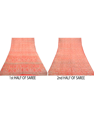 Sanskriti Vintage Sarees From India Red Pure Silk Printed Sari 5Yd Craft Fabric, PR-63285-Red-Pure Silk-5