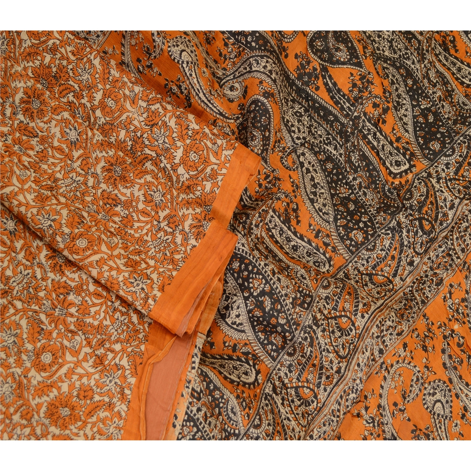 Sanskriti Vintage Sarees Indian Orange/Brown Printed Pure Silk Sari Craft Fabric, PR-63295-Orange &amp; Brown-Pure Silk-1