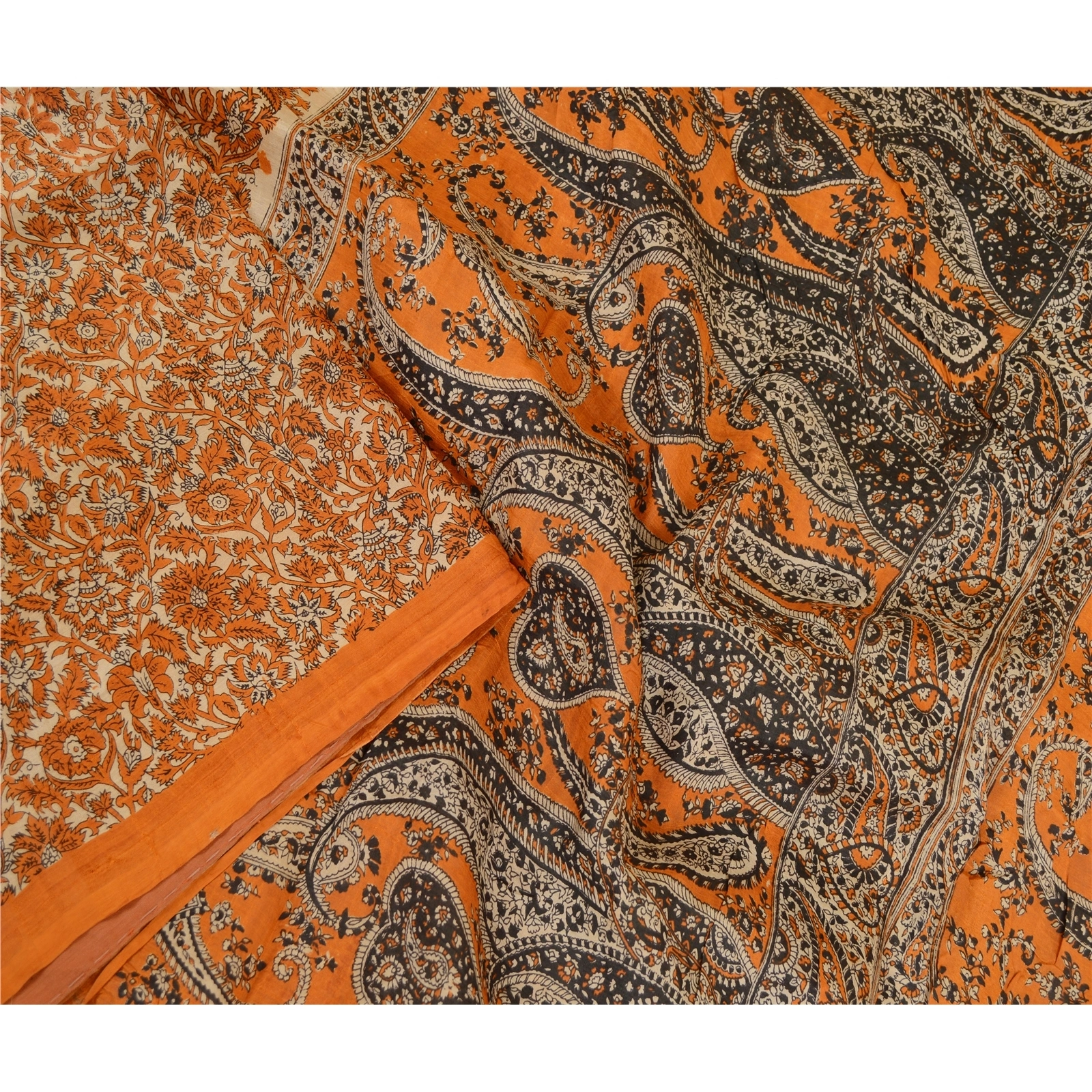 Sanskriti Vintage Sarees Indian Orange/Brown Printed Pure Silk Sari Craft Fabric, PR-63295-Orange &amp; Brown-Pure Silk-2