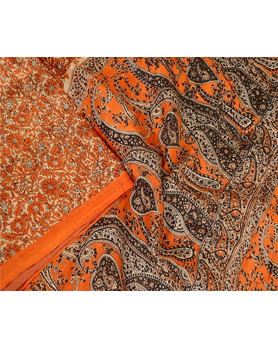 Sanskriti Vintage Sarees Indian Orange/Brown Printed Pure Silk Sari Craft Fabric, PR-63295-Orange &amp; Brown-Pure Silk-2