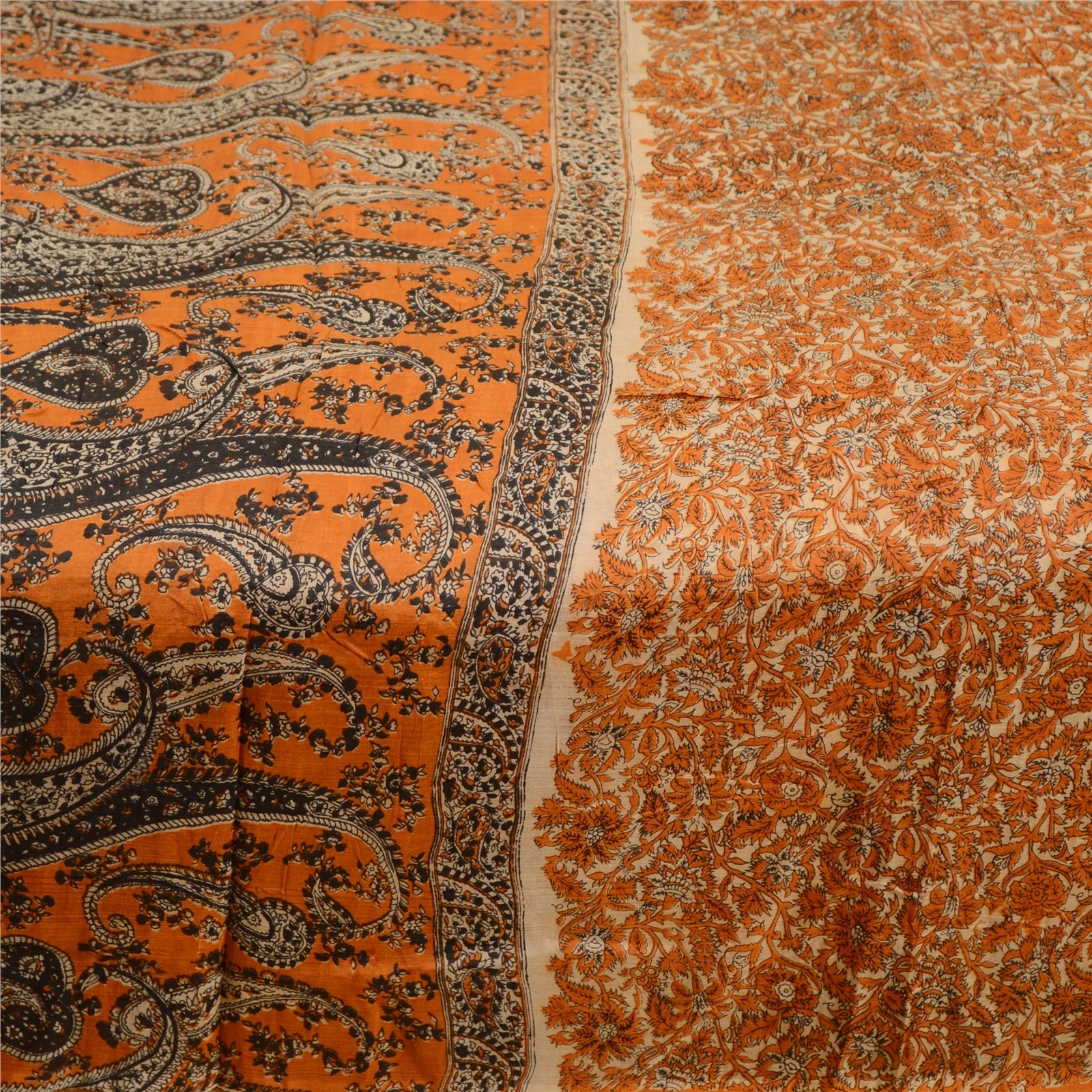 Sanskriti Vintage Sarees Indian Orange/Brown Printed Pure Silk Sari Craft Fabric, PR-63295-Orange &amp; Brown-Pure Silk-3