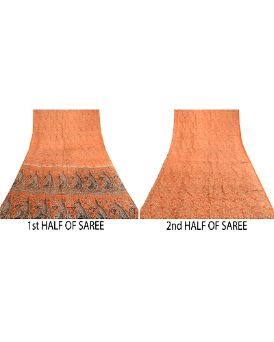 Sanskriti Vintage Sarees Indian Orange/Brown Printed Pure Silk Sari Craft Fabric, PR-63295-Orange &amp; Brown-Pure Silk-4