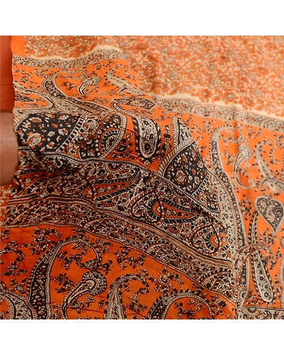 Sanskriti Vintage Sarees Indian Orange/Brown Printed Pure Silk Sari Craft Fabric, PR-63295-Orange &amp; Brown-Pure Silk-5