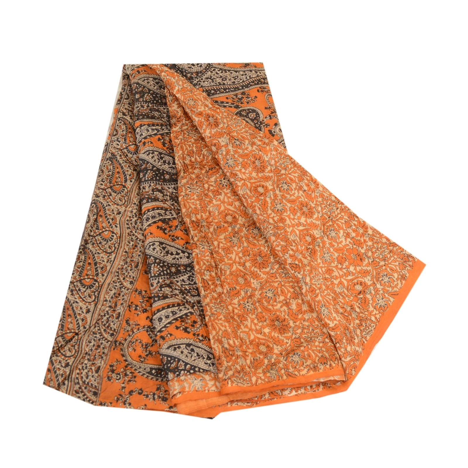 Sanskriti Vintage Sarees Indian Orange/Brown Printed Pure Silk Sari Craft Fabric, PR-63295-Orange &amp; Brown-Pure Silk-6