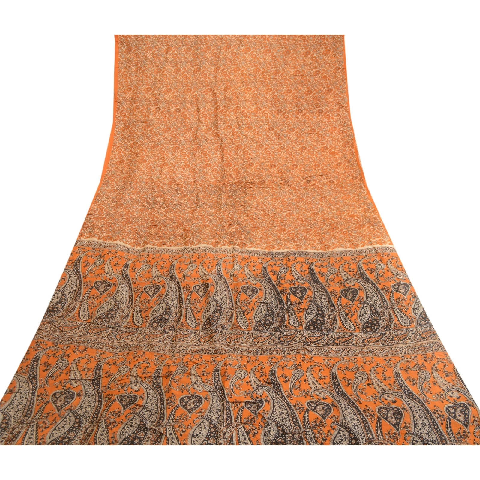 Sanskriti Vintage Sarees Indian Orange/Brown Printed Pure Silk Sari Craft Fabric, PR-63295-Orange &amp; Brown-Pure Silk-7