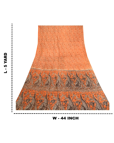 Sanskriti Vintage Sarees Indian Orange/Brown Printed Pure Silk Sari Craft Fabric, PR-63295-Orange &amp; Brown-Pure Silk-8