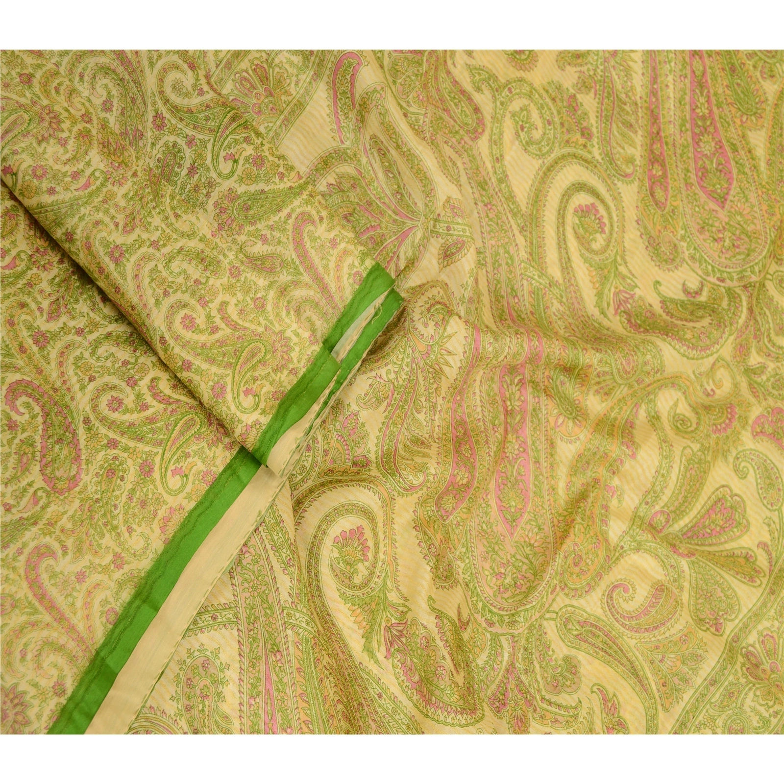 Sanskriti Vintage Sarees Indian Green Printed Pure Silk Sari Soft Craft Fabric, PR-63296-Green-Pure Silk-1