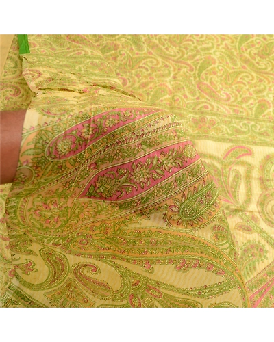 Sanskriti Vintage Sarees Indian Green Printed Pure Silk Sari Soft Craft Fabric, PR-63296-Green-Pure Silk-5