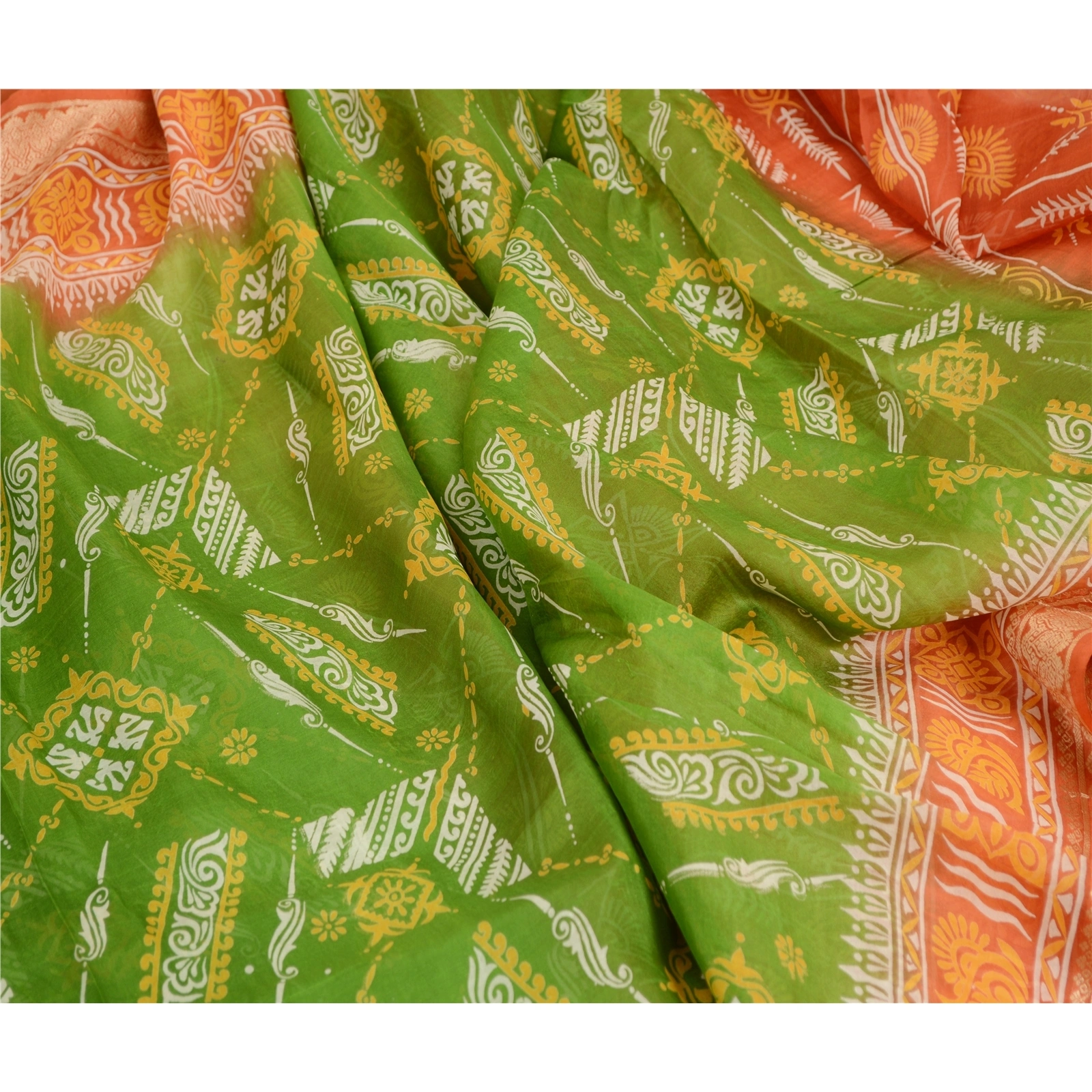 Sanskriti Vintage Sarees Green Printed 100% Pure Silk Sari Soft 5Yd Craft Fabric, PR-63298-Green-Pure Silk-1