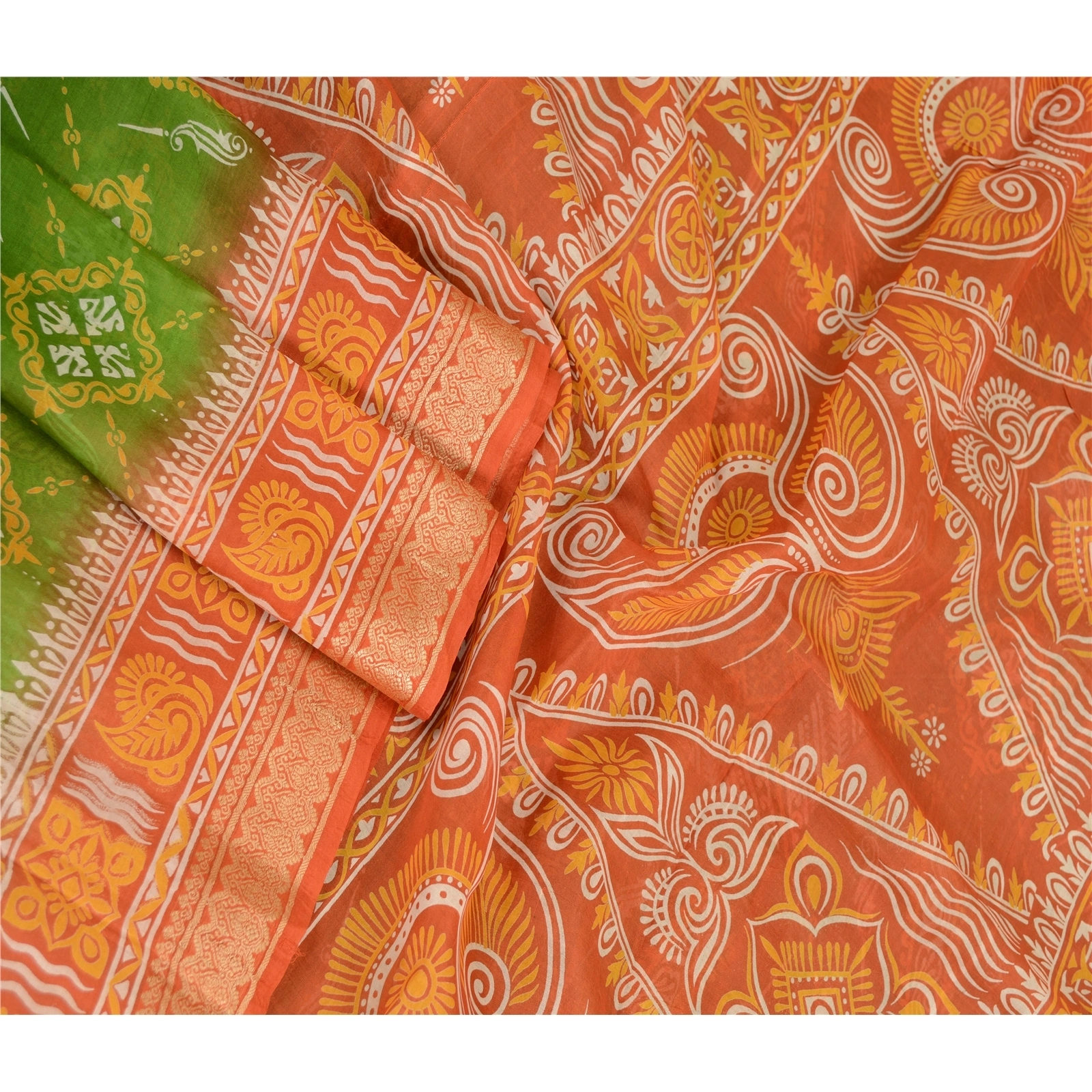 Sanskriti Vintage Sarees Green Printed 100% Pure Silk Sari Soft 5Yd Craft Fabric, PR-63298-Green-Pure Silk-2