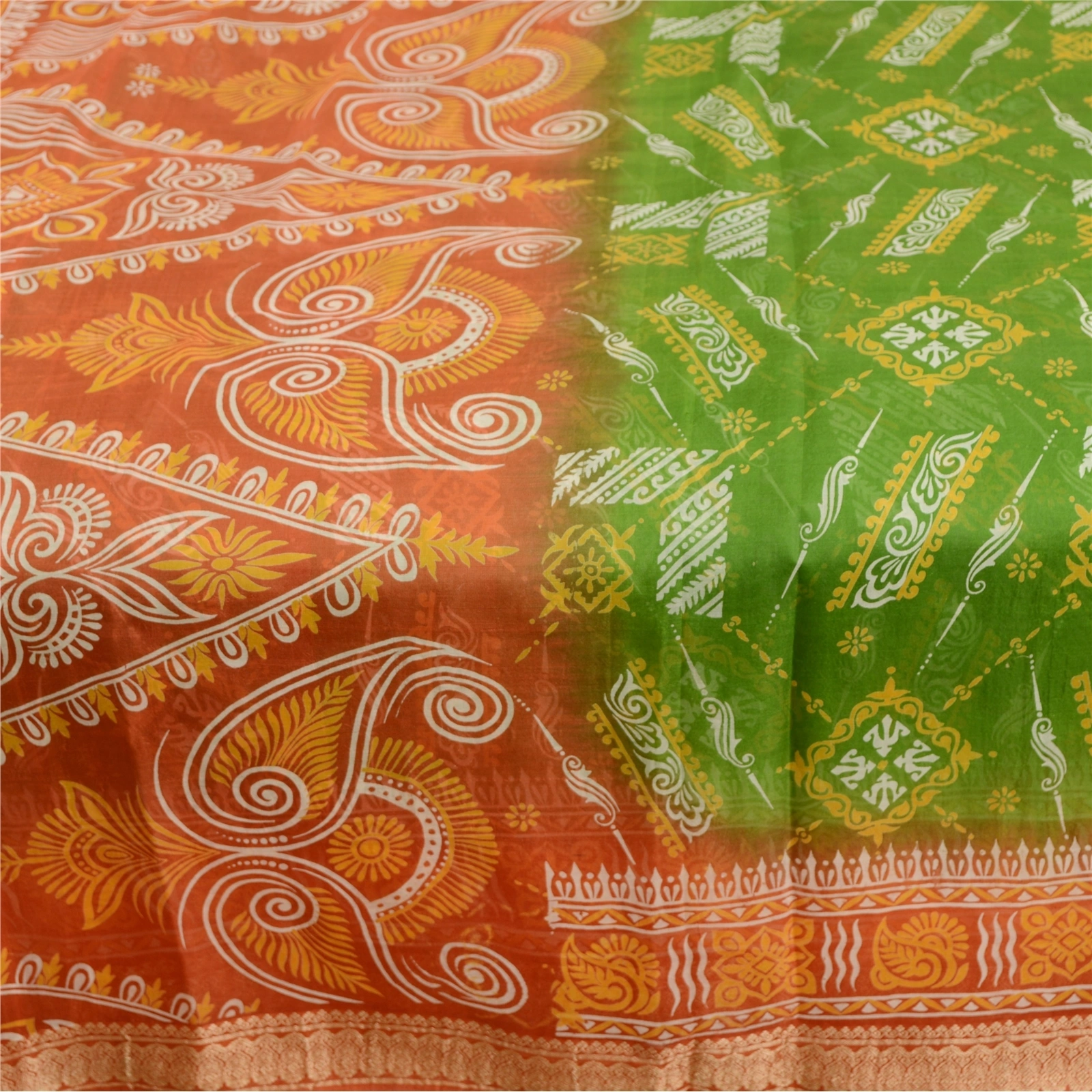 Sanskriti Vintage Sarees Green Printed 100% Pure Silk Sari Soft 5Yd Craft Fabric, PR-63298-Green-Pure Silk-4