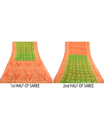 Sanskriti Vintage Sarees Green Printed 100% Pure Silk Sari Soft 5Yd Craft Fabric, PR-63298-Green-Pure Silk-5